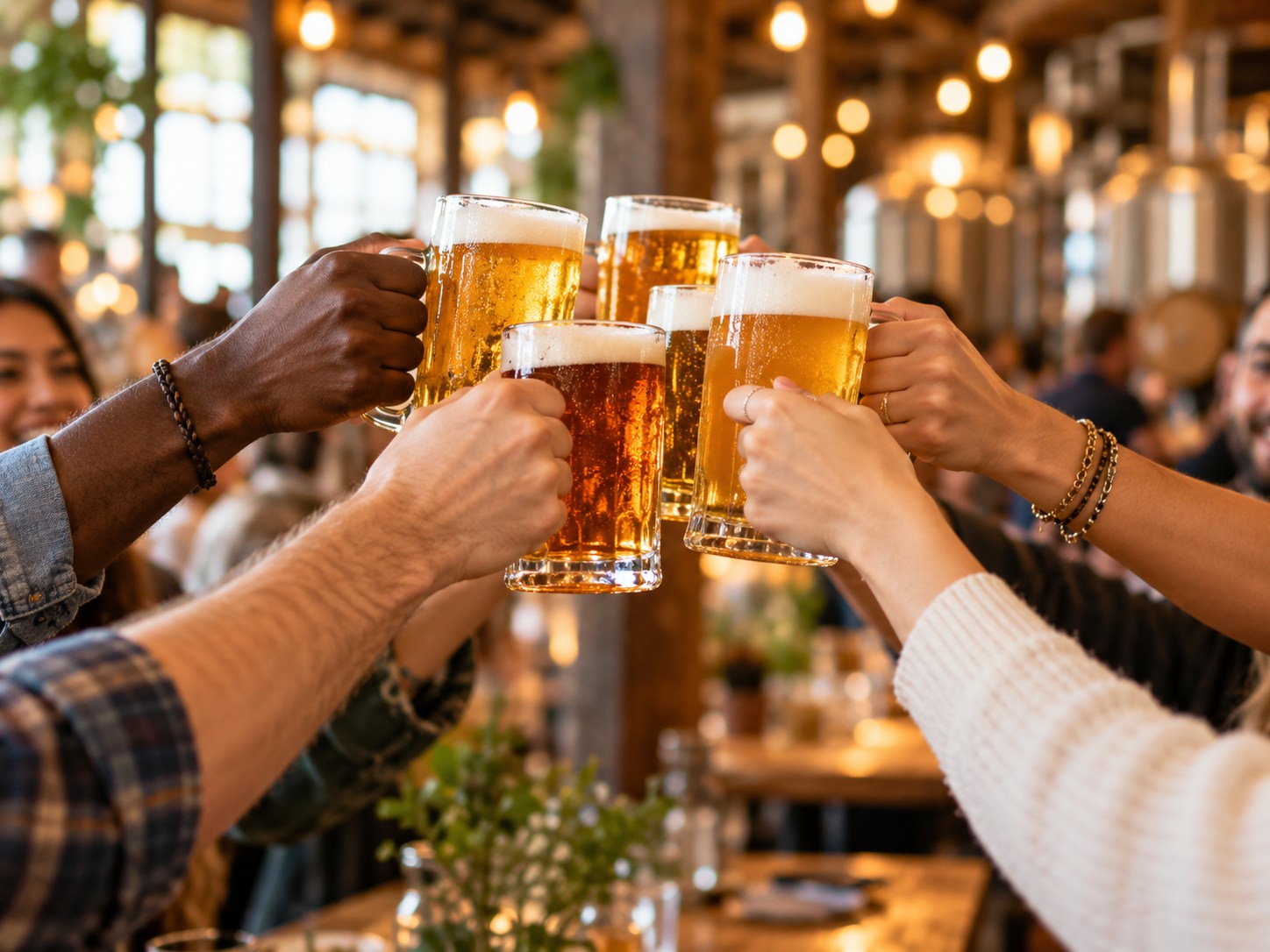 Friends raising craft-beer mugs